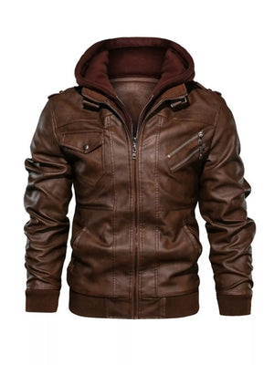 Brown faux leather hooded jacket with zippered pockets and snap chest pocket.