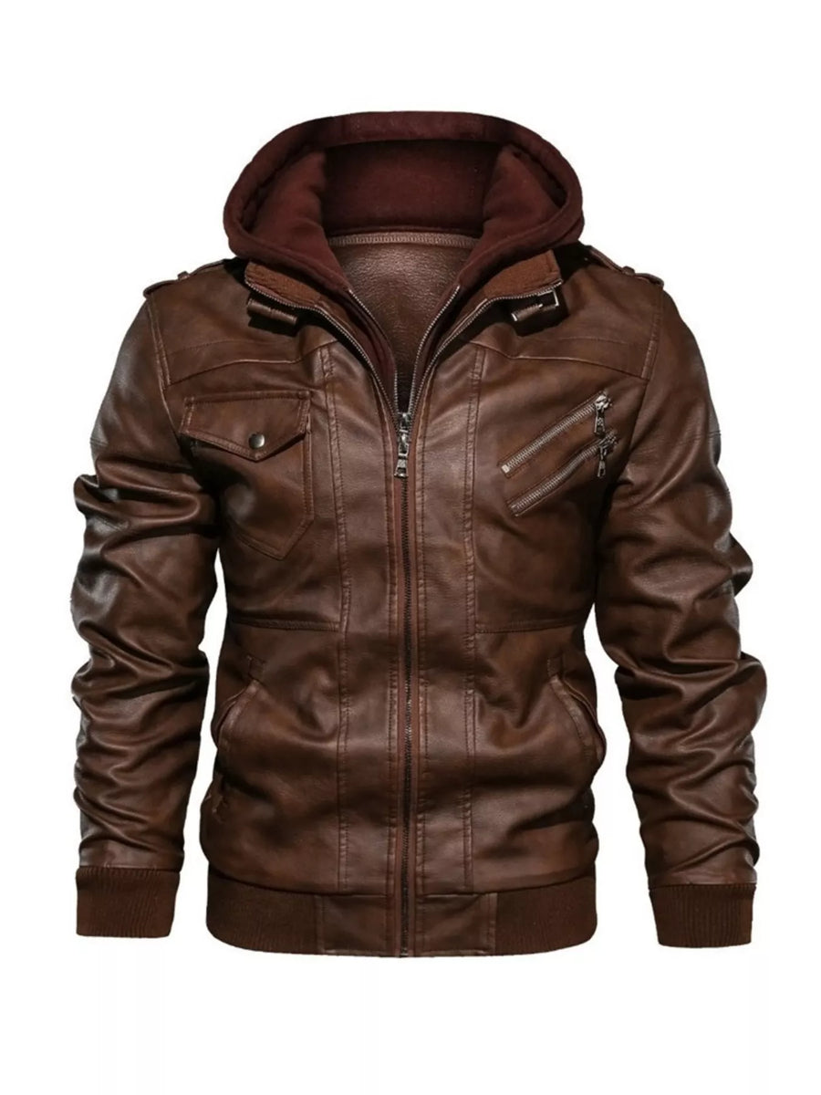 Brown faux leather hooded jacket with zippered pockets and snap chest pocket.