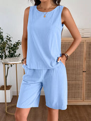 Sky blue relaxed fit tank top and shorts set with crew neck and elastic waist shorts.