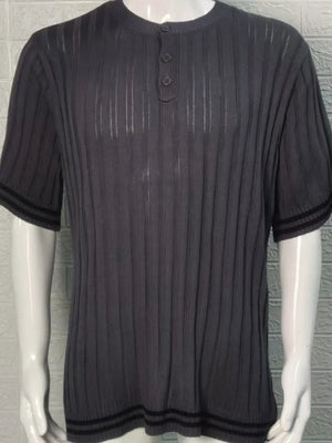 Gray ribbed henley polo shirt with short sleeves and button placket.