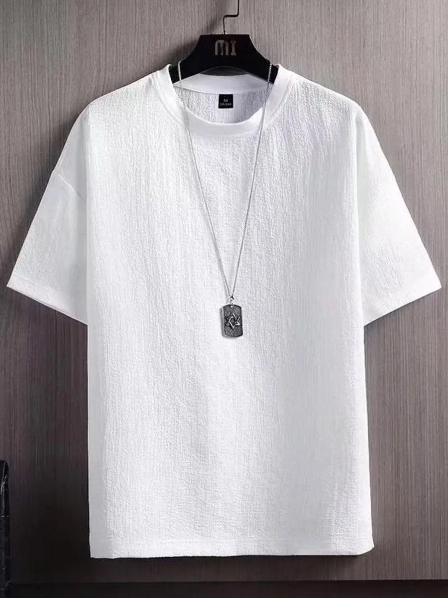 Light Gray Textured Round Neck T-shirt For Him