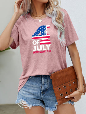 Dusty Pink graphic tee with 4th of July Independence Day print, crew neck, short sleeves.