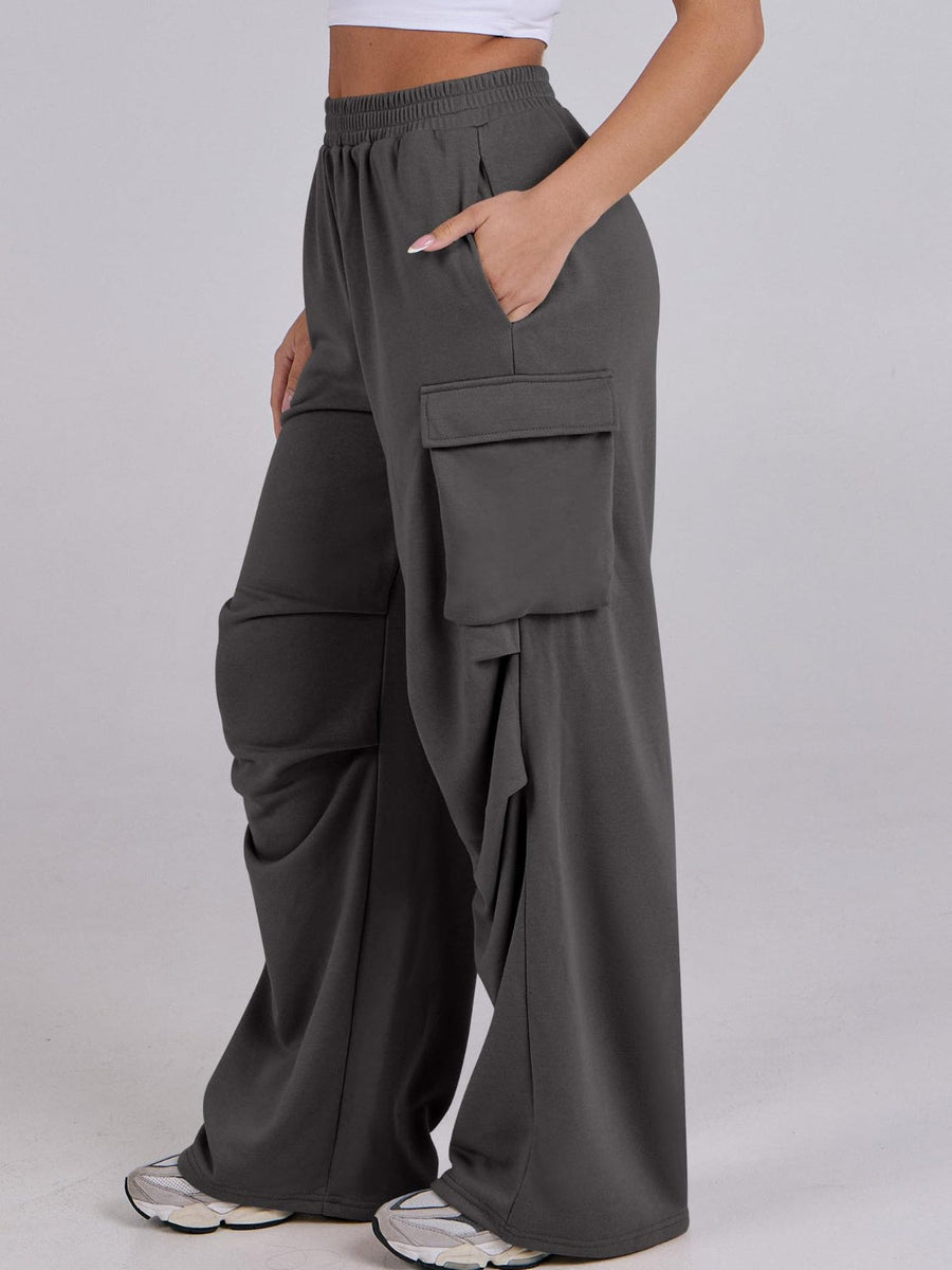 Dark Gray cargo pocket drape wide leg sweatpants with elastic waist
