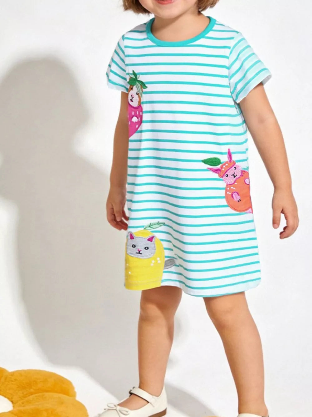 Baby girls' striped cotton dress with animal appliques.