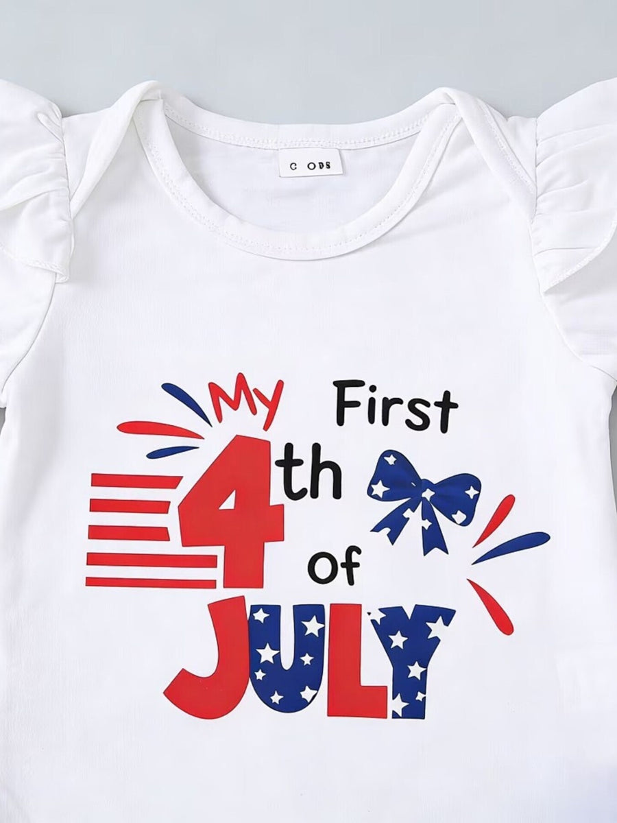 White baby onesie with ruffled sleeves and "My First 4th Of July" graphic.