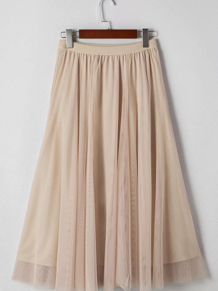 Beige midi skirt with lace overlay and flared hem