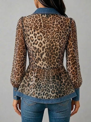 Leopard blouse with hip-length and button-front