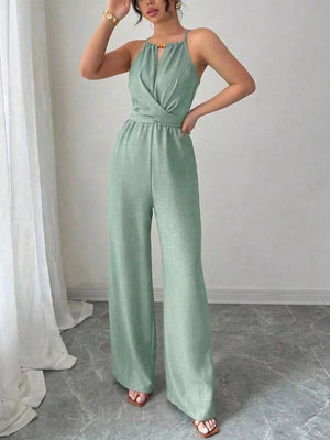 100% polyester Care instructions: Machine wash cold jumpsuit in tan with flared silhouette