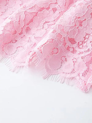 Pink lace midi dress detail with scalloped hem and fringe.