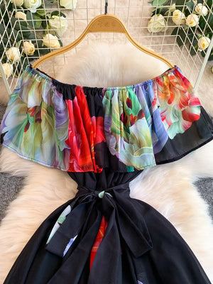 Botanical print off-shoulder A-line dress with black skirt and belted waist