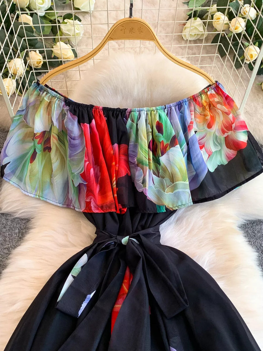 Botanical print off-shoulder A-line dress with black skirt and belted waist