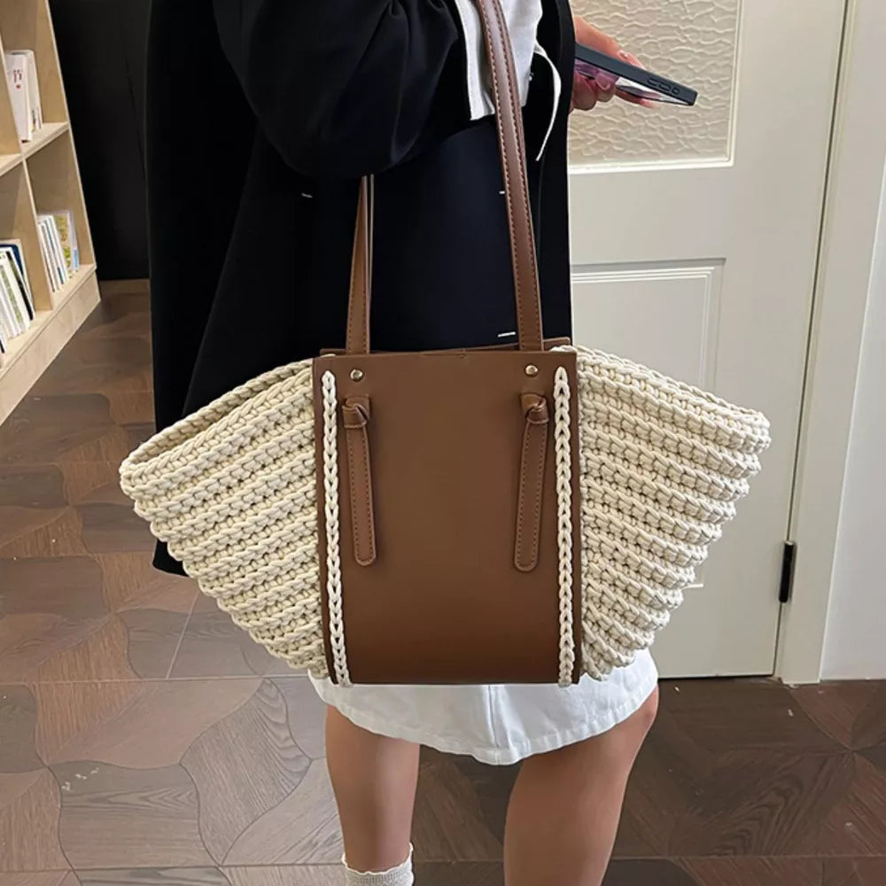 Straw weaving Imported Size &amp tote in Beige with structured silhouette