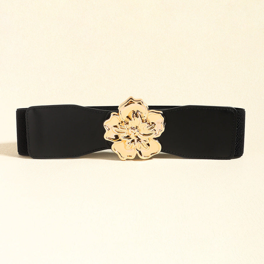 Black stretch cincher belt with gold floral buckle