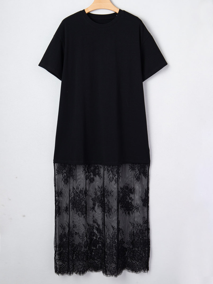 Black t-shirt maxi dress with floral lace hem detail