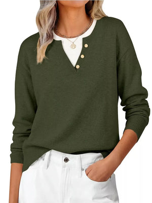 Army Green pullover sweater with seam detail and long sleeve