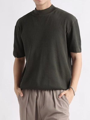 Men's ribbed knit mock neck t-shirt in Army Green with short sleeves.