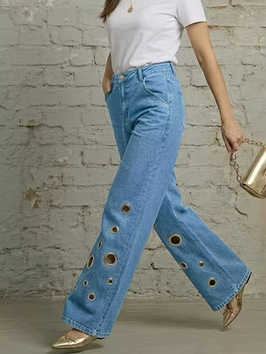 wide-leg jeans in Light Blue with eyelet and full-length