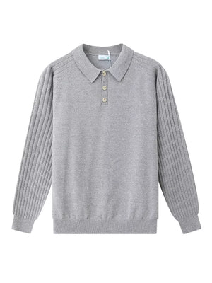 Light gray cotton knit polo shirt with ribbed sleeves and button placket.