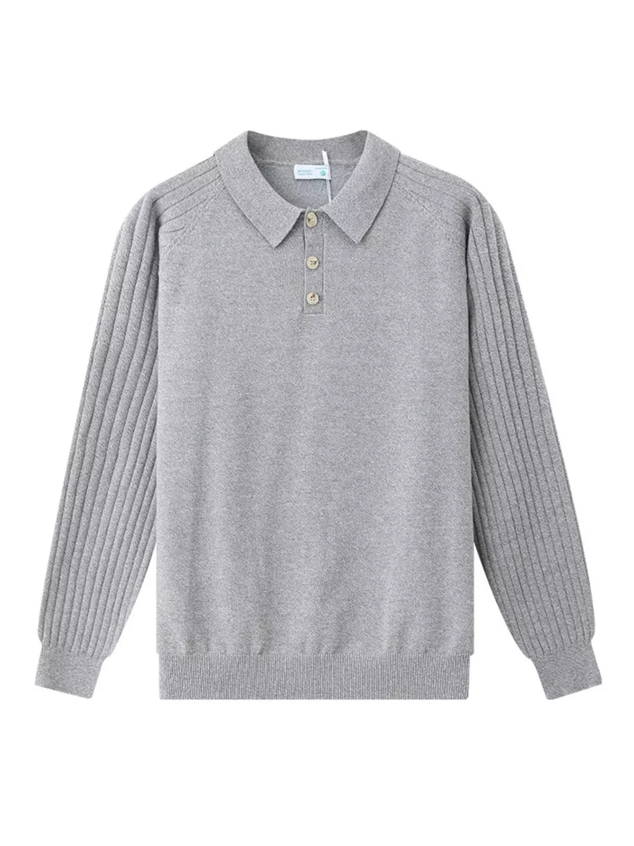 Light gray cotton knit polo shirt with ribbed sleeves and button placket.