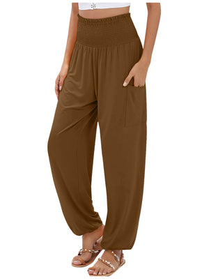 Coffee smocked waist harem pants with pockets and ankle cuffs.