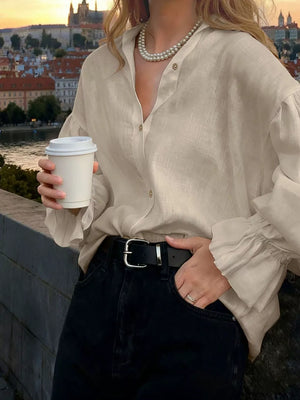 100% polyester Care instructions: Machine wash cold button-up shirt in Beige with relaxed silhouette
