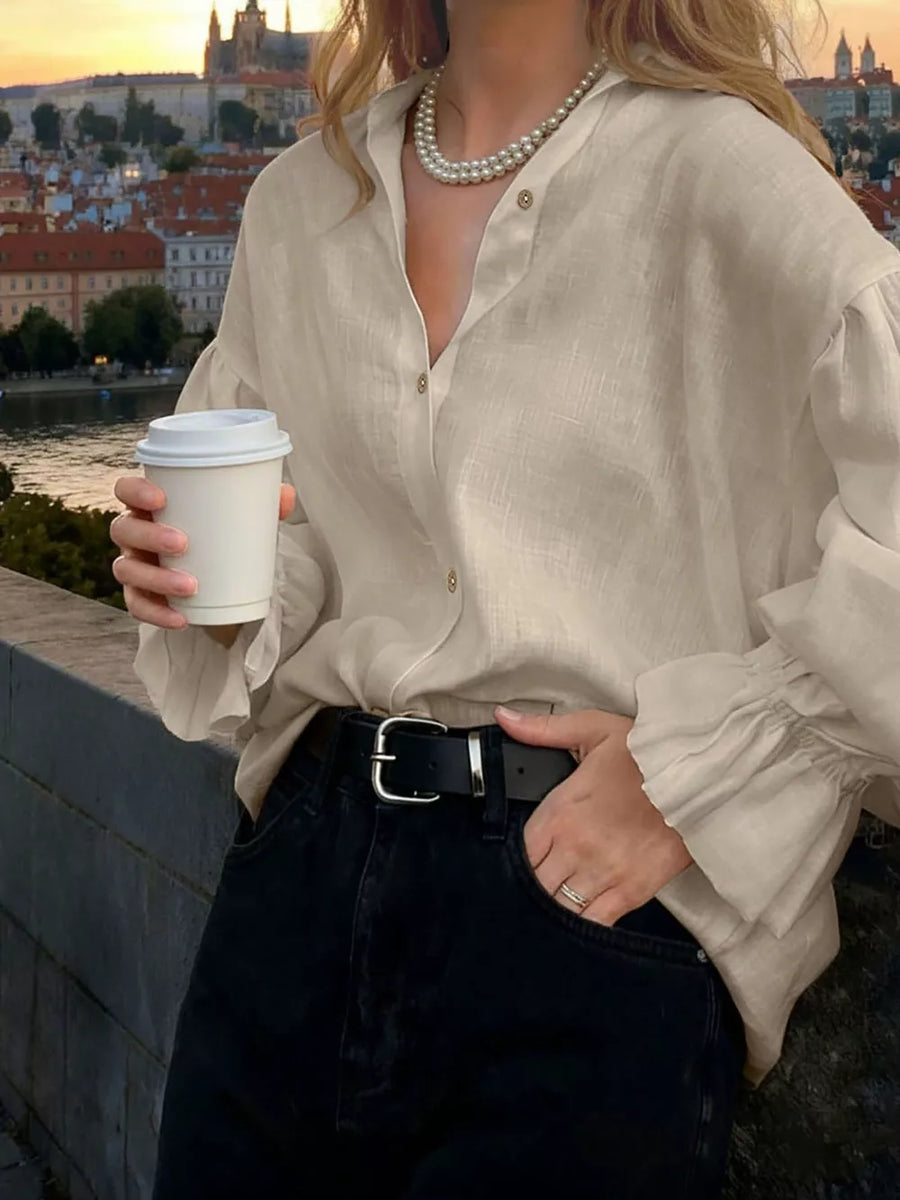 100% polyester Care instructions: Machine wash cold button-up shirt in Beige with relaxed silhouette