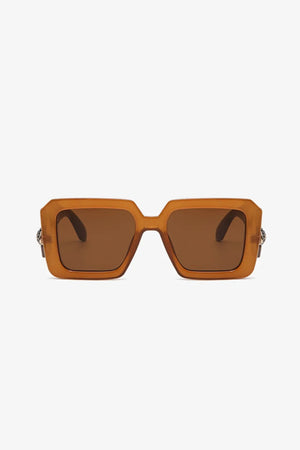 Geometric facet sunglasses in brown with embellished temples and brown lenses.