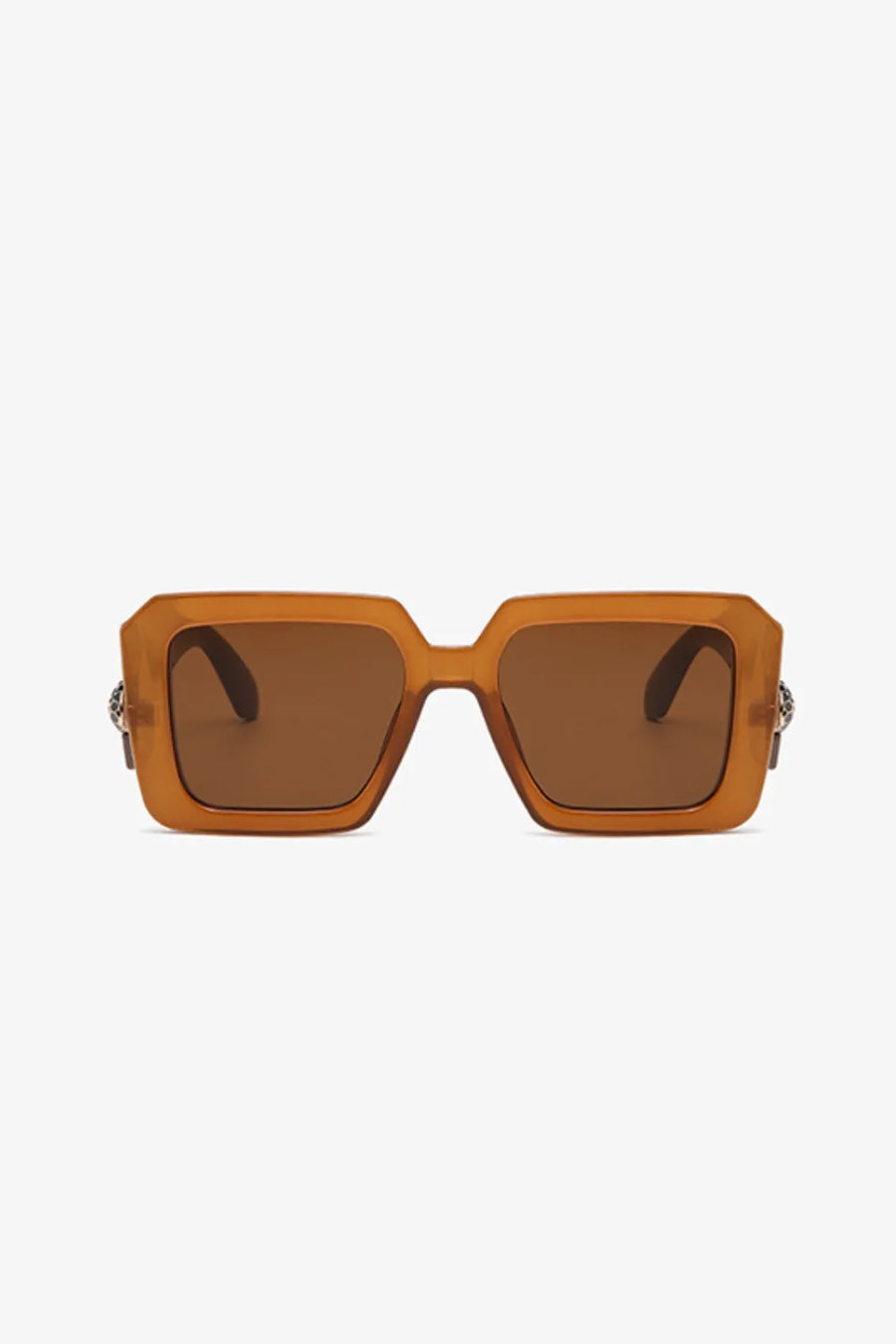 Geometric facet sunglasses in brown with embellished temples and brown lenses.