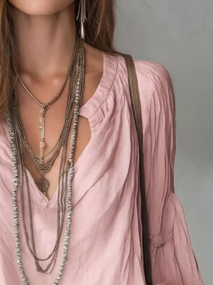 Notched Balloon Sleeve Blouse in Light Blue