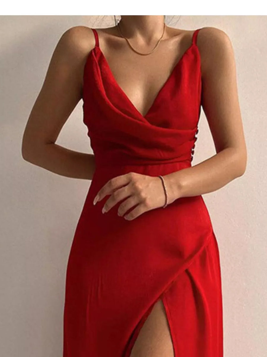 Deep Red draped V-neck maxi dress with side slit and spaghetti straps.