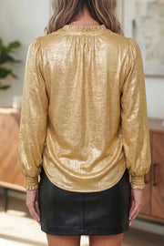 Metallic Sheen V Neck Gathered Cuff Blouse in this colorway