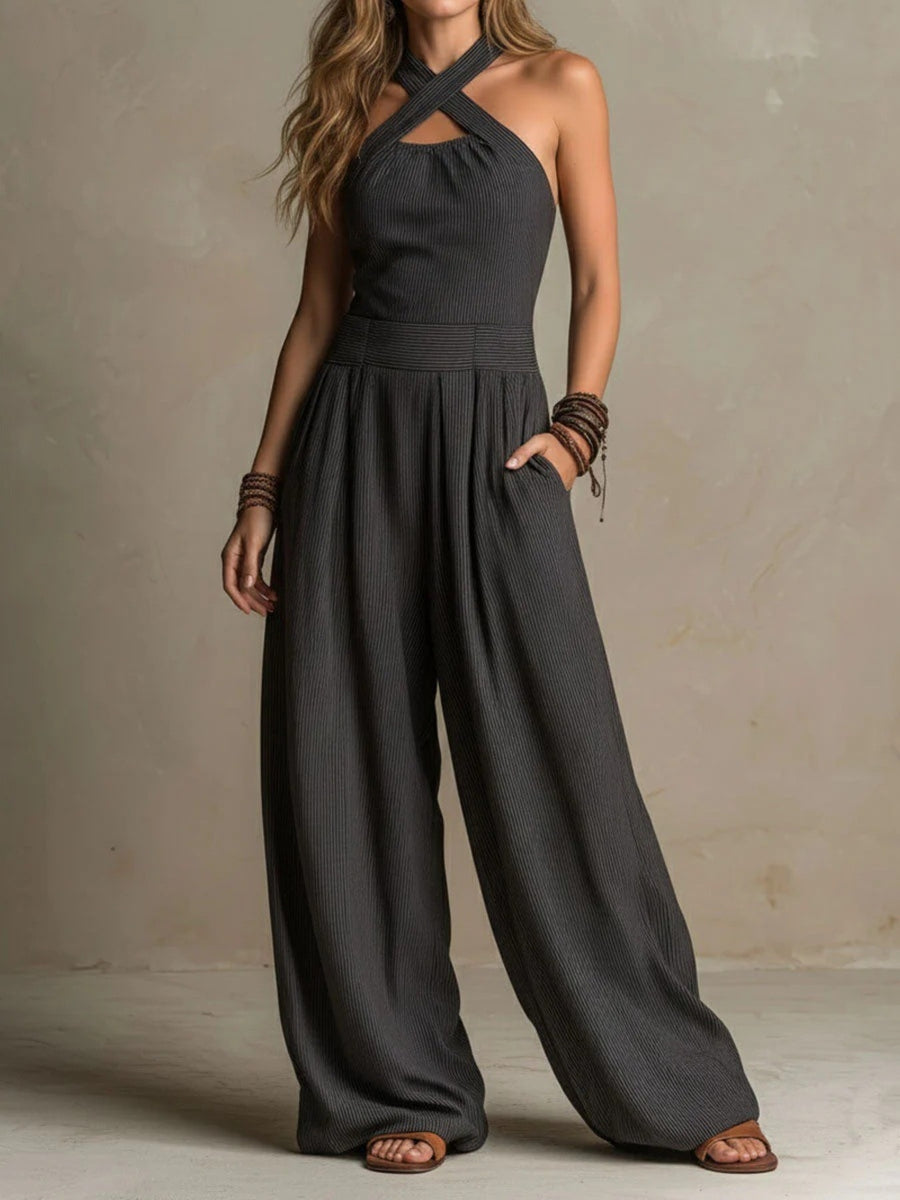Orange jumpsuit featuring pocketed and striped