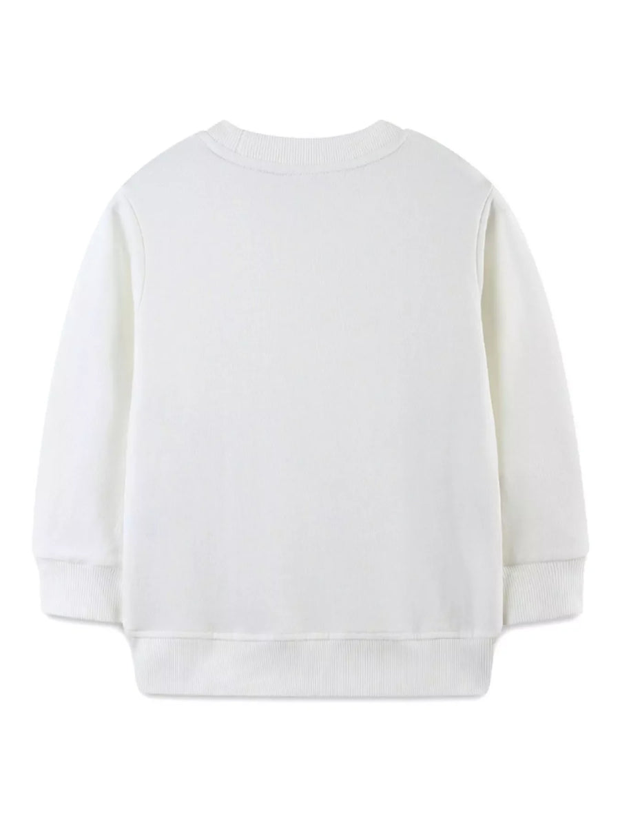 White cotton baby sweatshirt with crewneck and long sleeves.