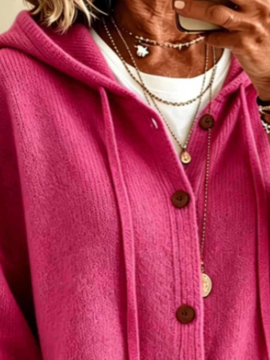 Full Size Casual Hooded Button-down Knit Cardigan With in Fuchsia Pink with hooded