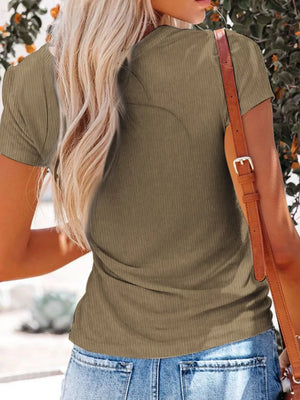 Khaki ribbed V-neck maternity t-shirt with short sleeves and button detail.