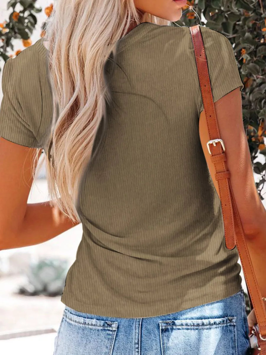 Khaki ribbed V-neck maternity t-shirt with short sleeves and button detail.
