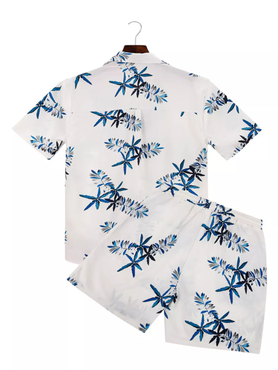 Men's Tropical Print Short Sleeve Shirt And Shorts Set in White