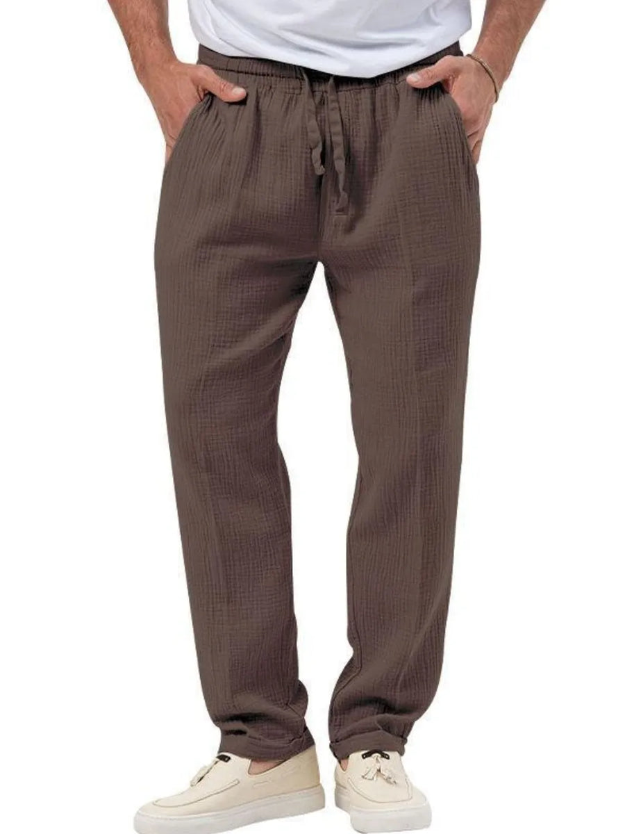 Textured drawstring linen blend trousers in dark gray with an adjustable waist.