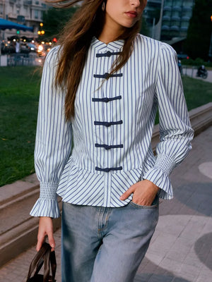 white peplum top with striped and mandarin collar