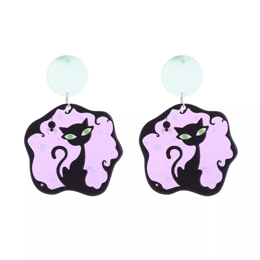 Spooky black cat dangle earrings with pink background and stars