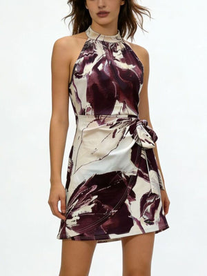 ivory mini dress with abstract-print and halter
