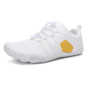 White perforated mesh water-ready lace-up athletic shoes with yellow accent