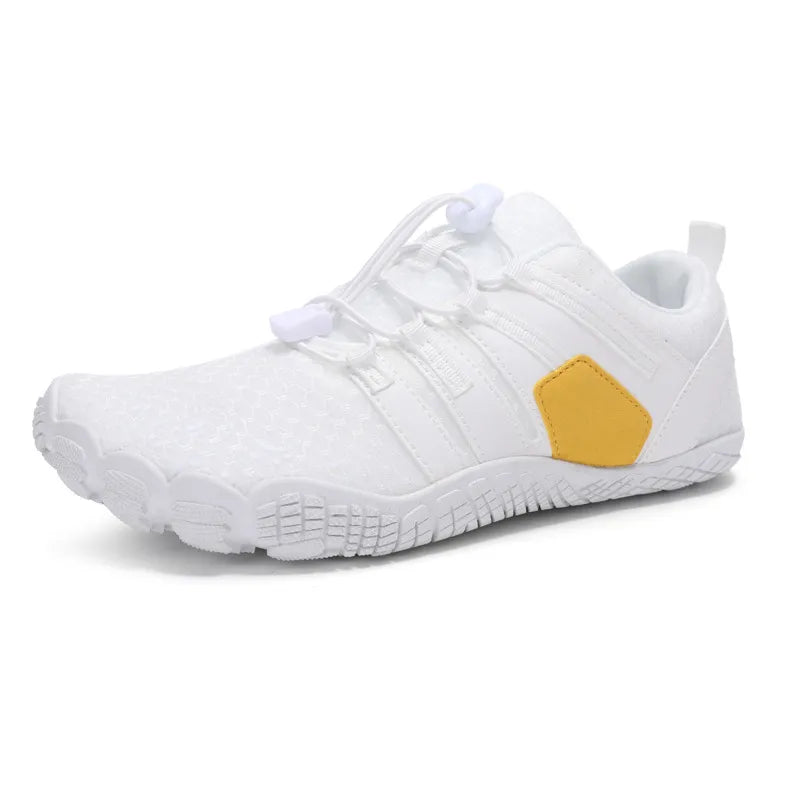 White perforated mesh water-ready lace-up athletic shoes with yellow accent