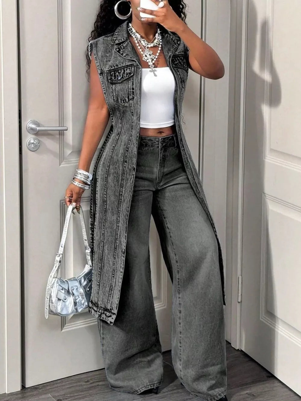 High-low Open Front Denim Vest in Dark Blue