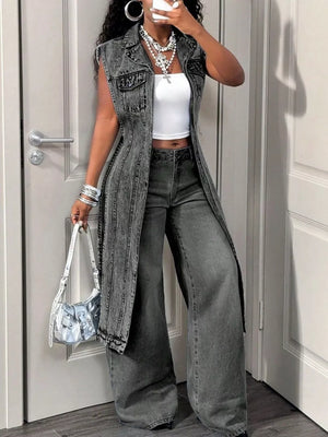 High-low Open Front Denim Vest in Dark Blue