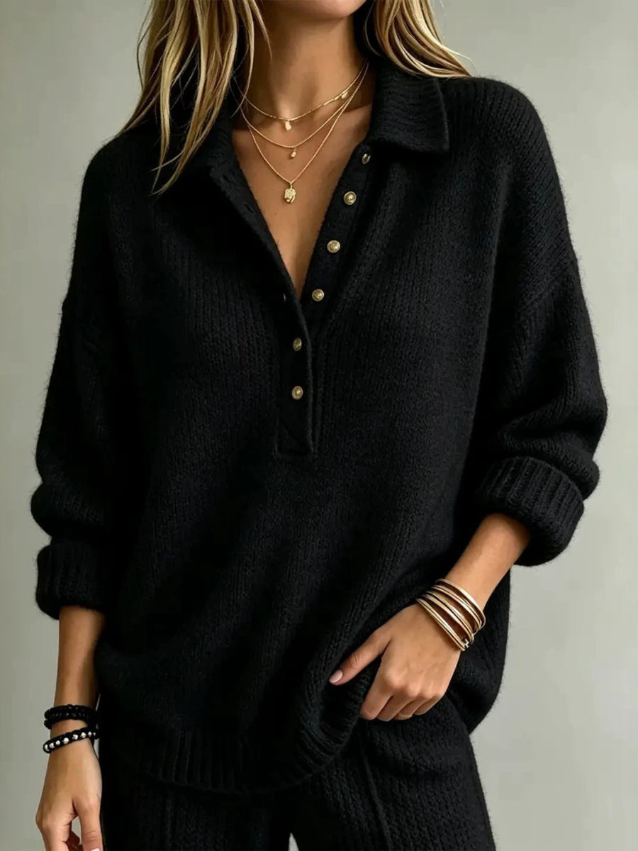 Red pullover sweater with hip-length and half-button