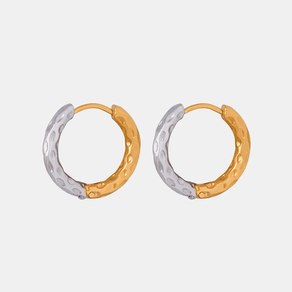 Textured two-tone huggie hoop earrings in gold with hammered finish