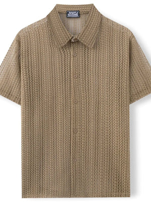 Taupe open-knit short-sleeve resort shirt with button front and collar.