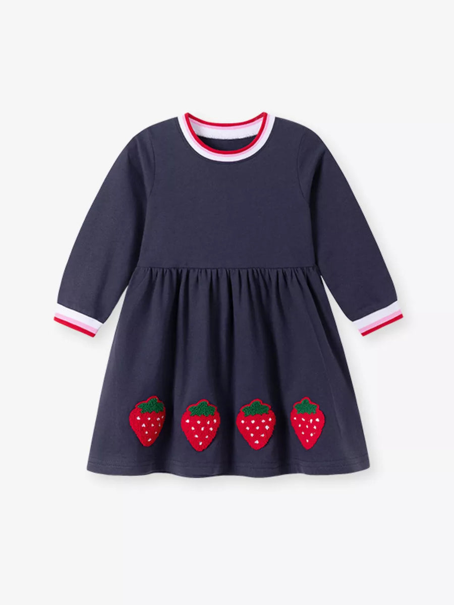 red A-line dress featuring embroidered and strawberry