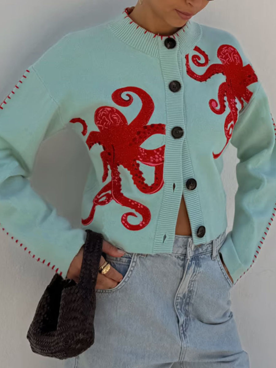 cardigan in Light Green with octopus graphic and contrast stitching